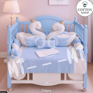 7-Piece Swan Design Baby Crib Bedding Set - Cotton Shop, Bumper Protection & Fitted Sheet — 4