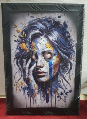 Antiques & Collectibles in Beirut City - Handcrafted Abstract Portrait Wall Art - Blue & Gold, Thick Walnut Wood (45cm)