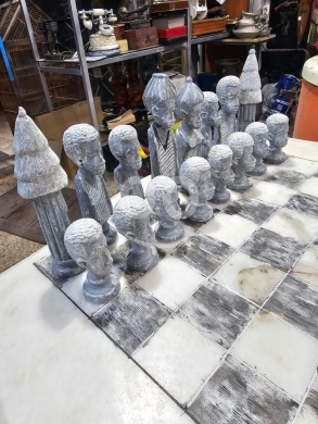 Rare Large Hand-Carved Marble Chess Set | African Tribal/Figural Style Board Game |… — 2