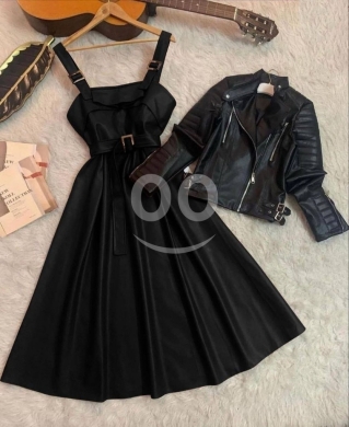 Clothes, Footwear & Accessories in Metn - طقم فستان وجاكيت جلد أسود أنيق | إطلالة عصرية متكاملة بسعر 25$