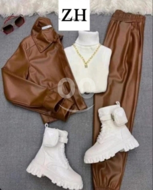 Clothes, Footwear & Accessories in Metn - Trio Chic! Trendy Brown Faux Leather Set (Jacket & Joggers) + White Turtleneck Sweater | Only $25