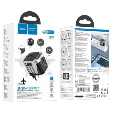 Mobile accessories in Beirut City - Hoco AC5 Universal Travel Adapter & Plug Converter - EU/UK/US/AUS + 2 USB Ports