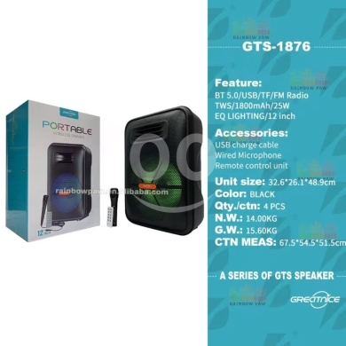 GreetTime GTS-1876 BT 5.0 / USB / TF / FM TWS / 1800mAh / 25W EQ Lighting / 12” — 8