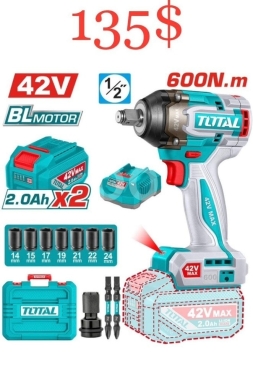 DIY Tools & Materials in Sahat Al Nour - TOTAL 42V Brushless Cordless Impact Wrench Kit | 600N.m Torque, 1/2" Drive, 2 Batteries ($135)