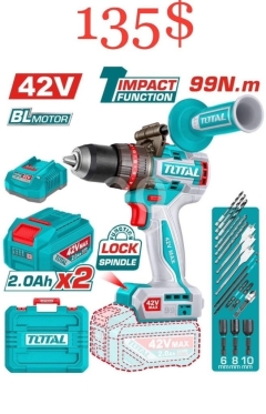 TOTAL 42V Brushless Cordless Hammer Drill Kit | 99N.m Torque, Dual Batteries & Case ($135)