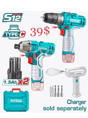 DIY Tools & Materials in Sahat Al Nour - TOTAL S12 Cordless Drill & Impact Driver Combo Kit | 2 Batteries 1.5Ah, Type-C Charging ($39)