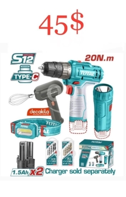 DIY Tools & Materials in Sahat Al Nour - TOTAL S12 Cordless Utility Kit | Drill 20N.m, Headlamp, Flashlight, 2 Batteries Type-C ($45)