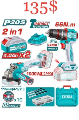 DIY Tools & Materials in Sahat Al Nour - TOTAL P20S 2-in-1 Brushless Combo Kit: Impact Drill (66 N.m) & 115mm Angle Grinder (1000W Max)