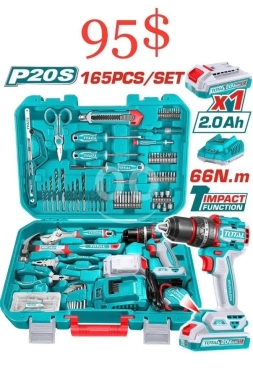 DIY Tools & Materials in Sahat Al Nour - TOTAL P20S 165 Pcs Ultimate Home Tool Kit: 20V Cordless Impact Drill (66 N.m) & Hand Tools Set