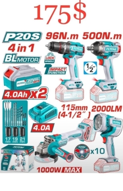 DIY Tools & Materials in Sahat Al Nour - TOTAL P20S 4-in-1 Brushless Combo Kit: 96 N.m Drill, 500 N.m Impact Wrench, 115mm Grinder & 2000 LM