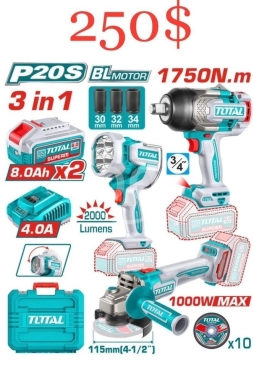 أدوات ومعدات منزلية في ساحة النور - Total P20S Brushless 3-in-1 Super Combo Kit: 1750N.m Impact Wrench, Grinder, & 2000 Lumen Light
