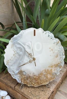 Other Goods in Sour - Handmade Resin Clock - White & Gold Abstract with Crushed Glass Edges