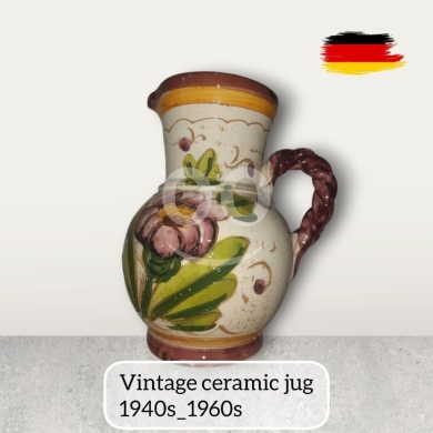Antiques & Collectibles in Nabatyeh - Vintage Hand-Painted Italian Ceramic Jug - Floral Design, Braided Handle (1940s-1960s)
