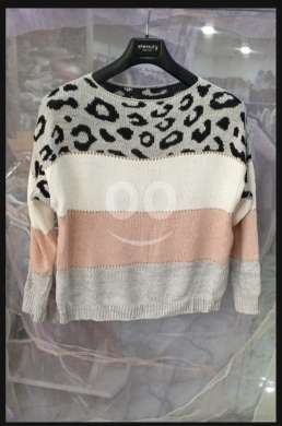 الملابس، الأحذية والزينة في مرج - Chic Leopard Print & Color Block Sweater - Pink, Gray & White Knit Jumper