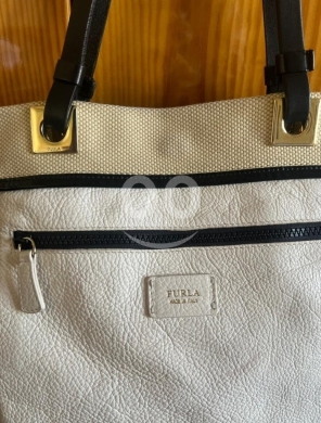 Furla Italian Canvas & Leather Tote Bag - Black, White, and Beige Multi-Tone — 4
