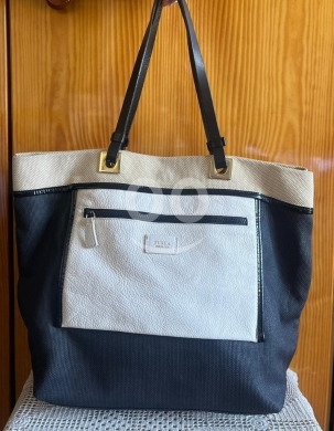 Furla Italian Canvas & Leather Tote Bag - Black, White, and Beige Multi-Tone — 5