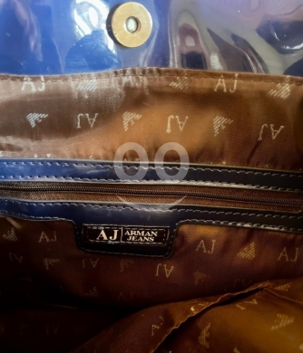 Armani Jeans Patent Finish Tote Bag - Black Glossy Shoulder Bag with AJ Logo — 9