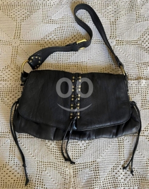 Michael Shannon Genuine Leather Black Hobo Bag | Gold Hardware, Lace-Up Detail & Studs — 2