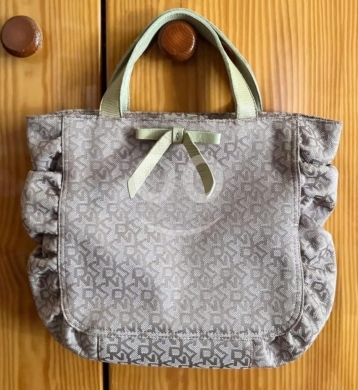 DKNY Donna Karan New York Small Monogram Ruffle Tote Bag | Neutral Beige Canvas & Bow… — 5