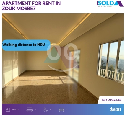Apartments for rent dans Zouk Mosbeh - 160m2 Apartment+sea view 4rent in Zouk Mosbeh/Walking distance to NDUAM66A436