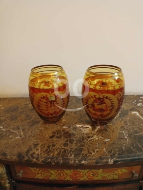 Antiques & Collectibles في مدينة بيروت - Pair of Antique Egermann Bohemian Amber Glass Vases - Gold Overlay Forest Scene (c. 1900)