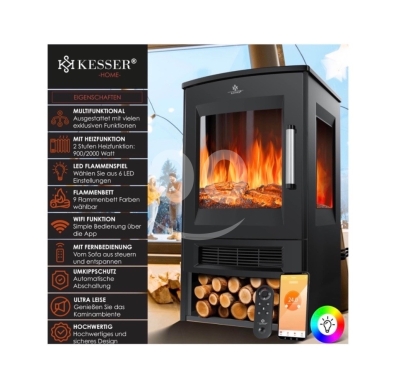 ?? KESSER Electric Fireplace with Heating Panoramic Viewing Window Fan Heater 9 LED Flame — 3