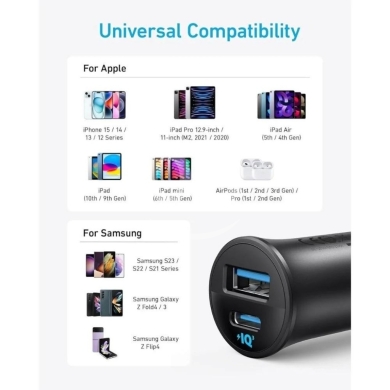 Mobile accessories in Beirut City - Anker 30W Dual Port Car Charger - USB-C PD Fast Charging, Miniature Size, Intelligent Safety