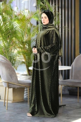 Textured Chevron Velvet Abaya with Attached Cloak - Modest Winter Fashion — 4