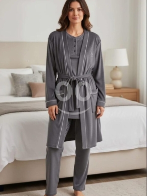 Clothes, Footwear & Accessories in Tripoli - طقم بيجاما مخمل رمادي 3 قطع بخطوط بيضاء