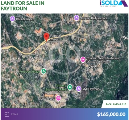 Lands for sale in Feytroun - 870m2 Land with prime location 4Sale in faytroun - أرض للبيع في فيطرونAM66L110