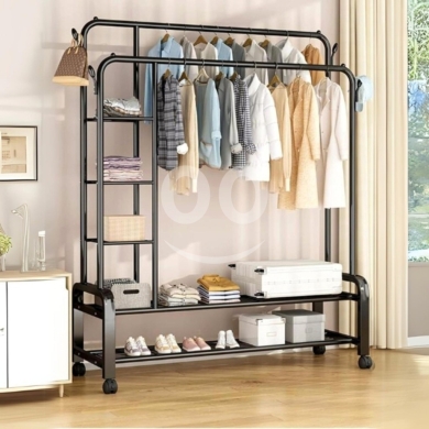 Bedroom in Bechara El Khoury - Double Clothes Rack with Shoe Shelves, Storage Boxes & Wheels