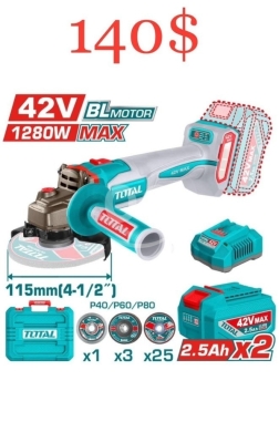 DIY Tools & Materials in Tripoli - TOTAL 42V Max Cordless Brushless Angle Grinder Kit | 1280W Power, 115mm (4-1/2") | Dual 2.5Ah Batter