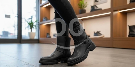 Clothes, Footwear & Accessories in Halba - Stylish Buckle-Strap Ankle Boots - Women&#039;s Black & Brown Mid-Calf Motorcycle Boots with Lug Sole