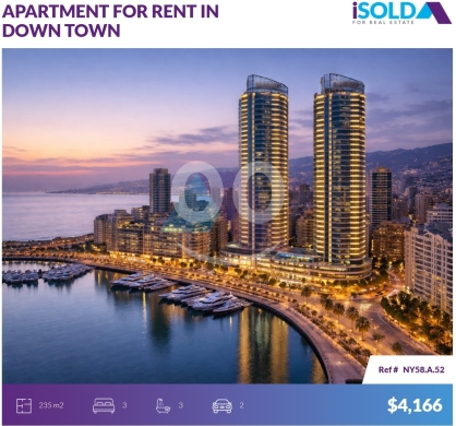 Apartments for rent in Beirut City - Furnished 235m2 apartment+sea view 4rent in DownTownشقة في وسط المدينةNY58A52