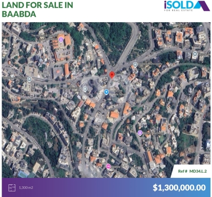 Lands for sale in Baabda - 1300 m2 Prime land 4sale in Baabda - أرض للبيع في بعبداMD34L2