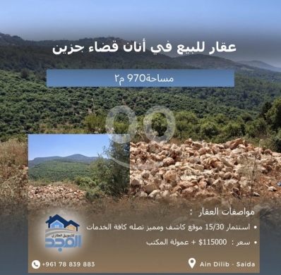 Lands for sale in Jezzine - أرض للبيع في أنان، قضاء جزين - مساحة 970 م٢ - موقع كاشف ومميز - 115,000$