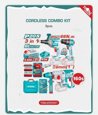 DIY Tools & Materials in Tripoli - TOTAL 20V Cordless Combo Kit (3pcs) - Brushless Impact Drill & Rotary Hammer Set - $160