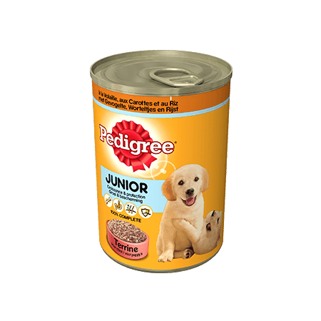 PEDIGREE<sup>®</sup> Terrine met Gevogelte, Worteltjes en Rijst voor Junior honden 405g