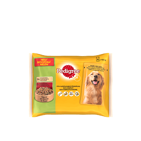 PEDIGREE<sup>®</sup> Sachets Fraîcheur au Poulet & aux Légumes / au Boeuf & aux Légumes en Sauce 4 x 100g