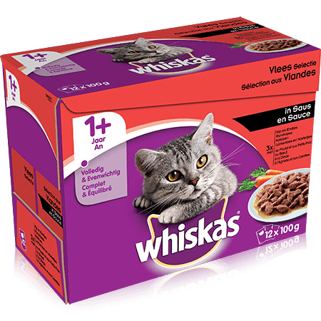 WHISKAS Maaltijdzakjes Vleesselectie met Groenten in Saus 12 x 100g