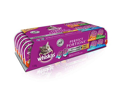 WHISKAS<sup>®</sup> Perfect Portions™ 24 Mix Pack in Tuna Cuts in Gravy, Salmon Cuts in Gravy, Chicken Pate, Chicken & liver Pate
