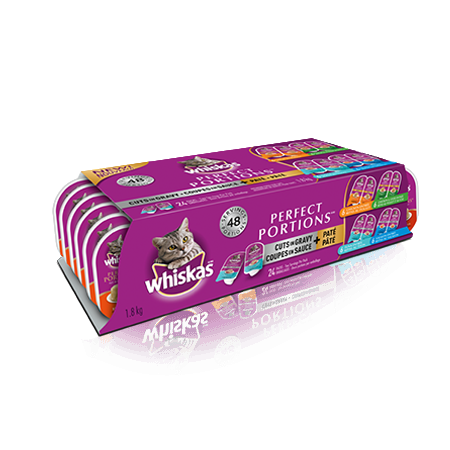 WHISKAS<sup>®</sup> PERFECT PORTIONS™ 24 Mix Pack in Tuna Cuts in Gravy, Salmon Cuts in Gravy, Chicken Pate, Chicken & liver Pate