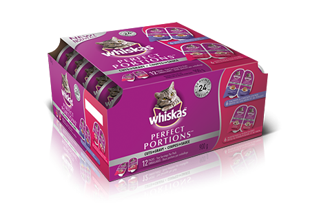WHISKAS<sup>®</sup> Perfect Portions™ Cuts in Gravy 12 pack in Salmon & Chicken, Whitefish & Tuna Entrées