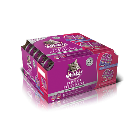WHISKAS<sup>®</sup> PERFECT PORTIONS™ Cuts in Gravy 12 pack in Salmon & Chicken, Whitefish & Tuna Entrées