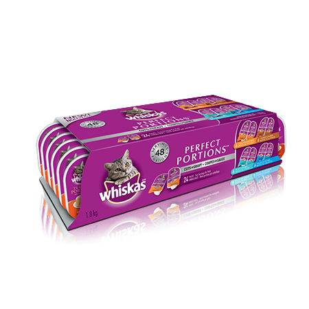 WHISKAS<sup>®</sup> PERFECT PORTIONS<sup>®</sup> Cuts in Gravy Chicken, Turkey, Salmon & Tuna Selections <sup>TM </sup>24pk