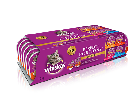 WHISKAS<sup>®</sup> Perfect Portions™ Mix 24 Pack in Chicken Cuts in Gravy, Turkey Cuts in Gravy, Beef Pate, and Salmon Pate Entrées