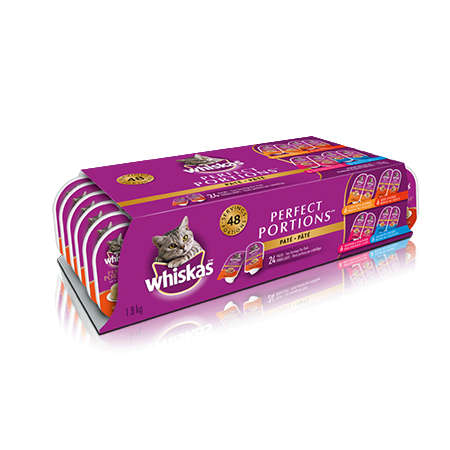 WHISKAS<sup>®</sup> PERFECT PORTIONS™ Mix 24 Pack in Chicken Cuts in Gravy, Turkey Cuts in Gravy, Beef Pate, and Salmon Pate Entrées