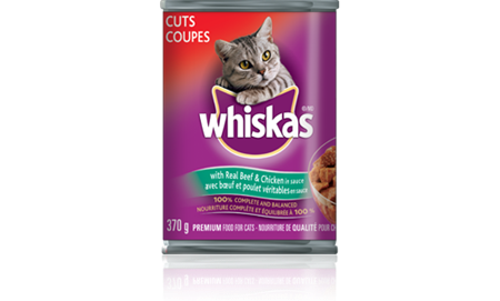 WHISKAS<sup>MD</sup> COUPES<sup>MD</sup> avec bœuf et poulet véritables en sauce