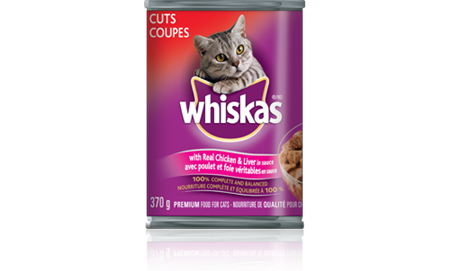 WHISKAS<sup>MD</sup> COUPES<sup>MD</sup> avec poulet et foie véritables en sauce