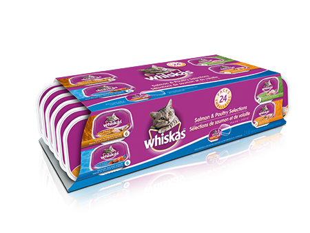 Format variété de barquettes de 100 g de repas WHISKAS<sup>MD</sup> pâté : poulet et foie, poulet, dinde et abattis, saumon